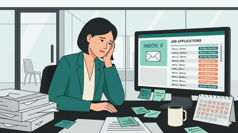 Túlterhelt HR-es egy irodai asztalnál, hosszú megválaszolatlan jelentkezési listával a képernyőn – a lassú toborzás és jelöltghosting illusztrációja